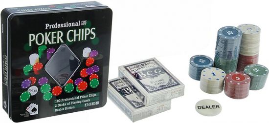 Покерный набор на 100 фишек с номиналом