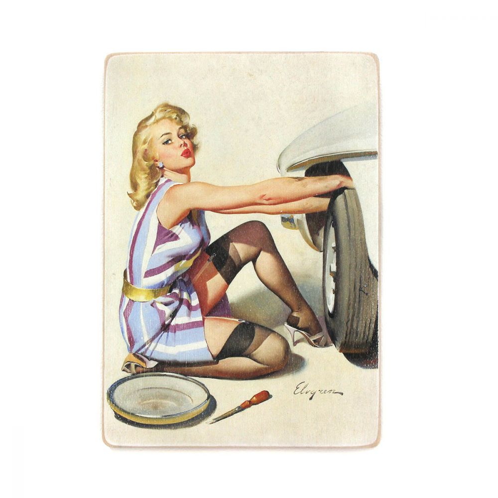 Деревянный постер "Пин-ап. Девушка ремонтирует авто"